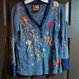 Johnny Was Blue Top with Floral Embroidery
